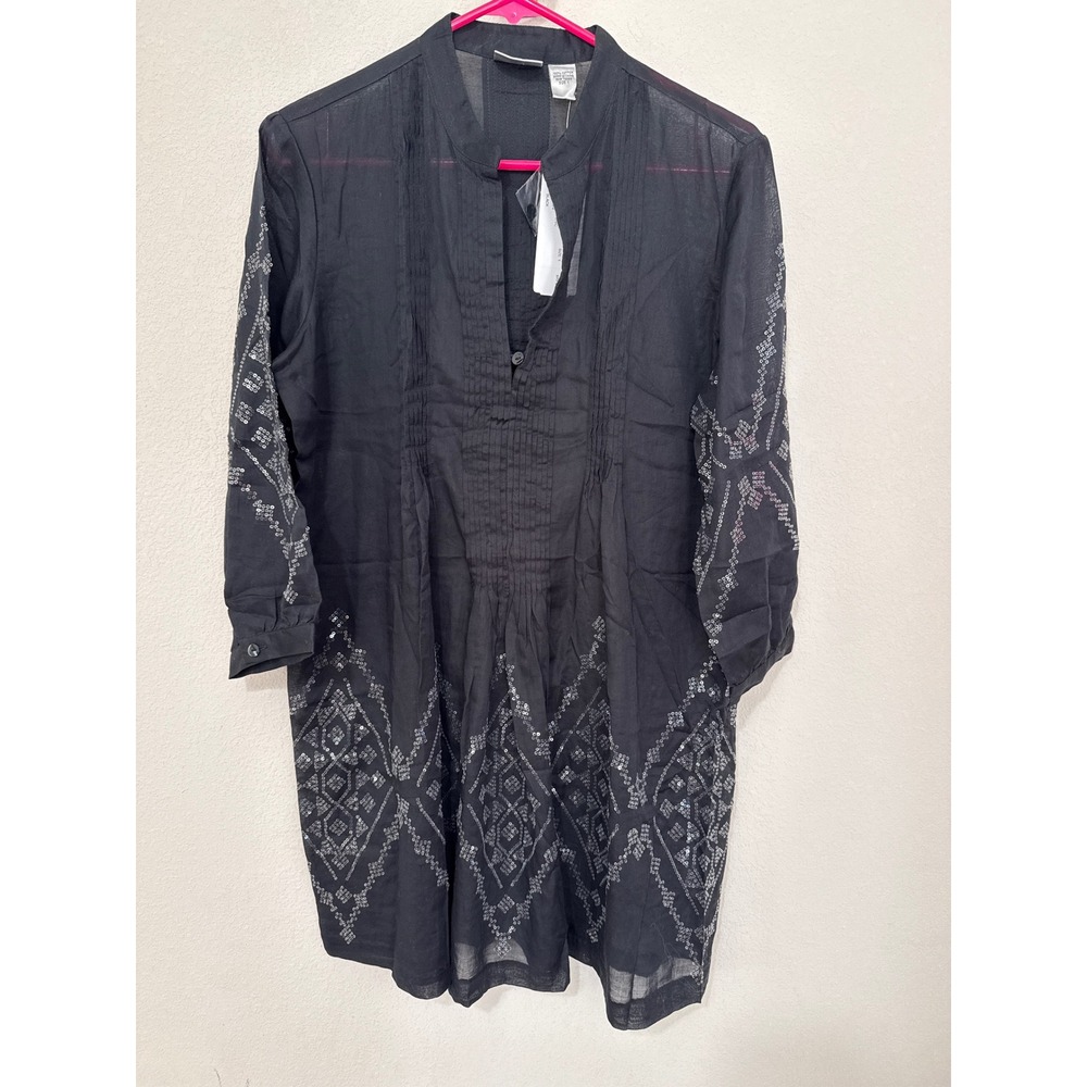 NWT Chico's Pleated Sequin Tunic Women Size 1/Medium Black Cotton Top